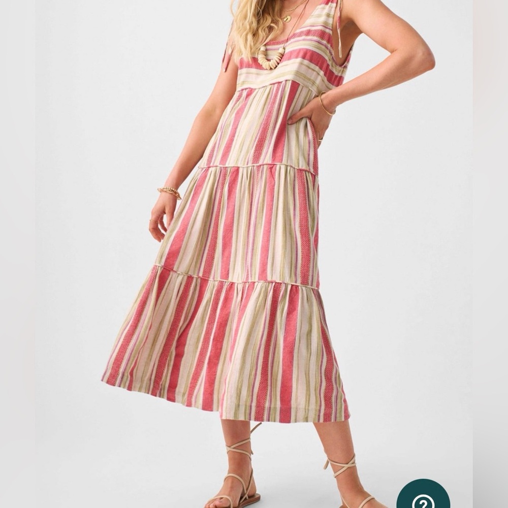 Faherty Lanai Linen Dress in Sol Stripe Pattern.  Tank top midi with pockets‎